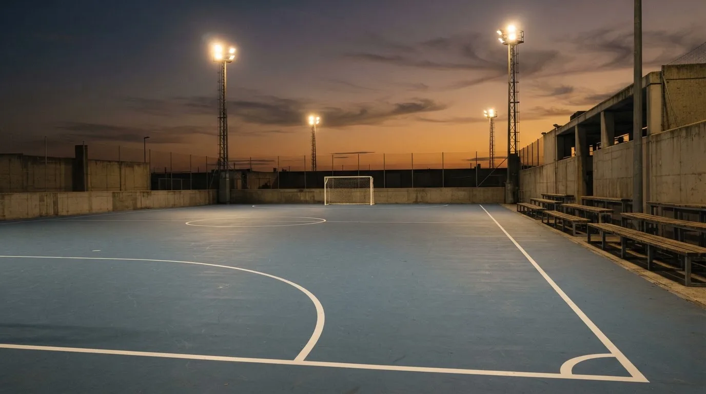 An empty football stadium with floodlight masts at dusk