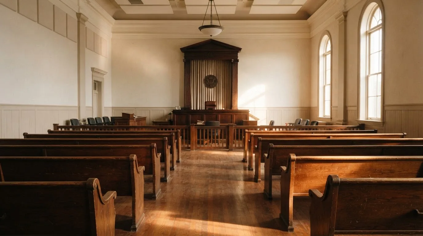 An empty courtroom with wooden benches in morning light