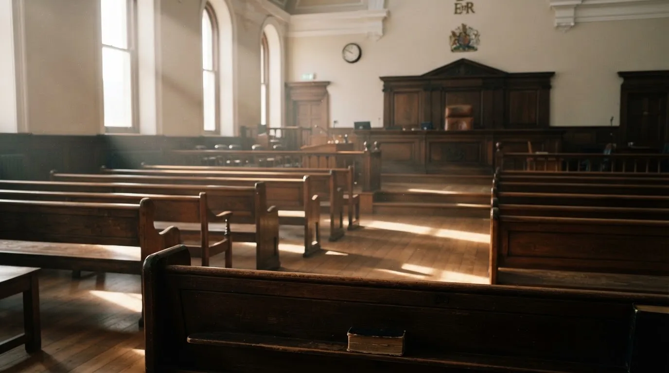 An empty courtroom with wooden benches in morning light