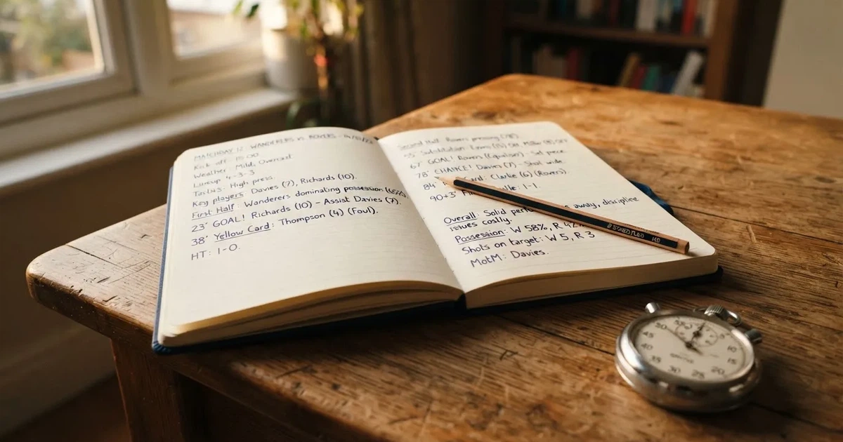 An open notebook with a pencil and a stopwatch on a wooden table