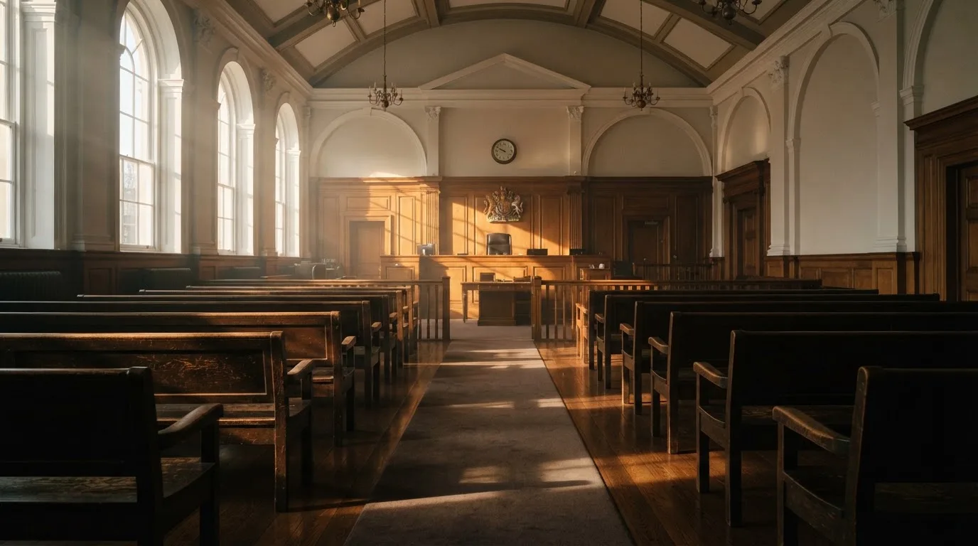 An empty courtroom with wooden benches in morning light