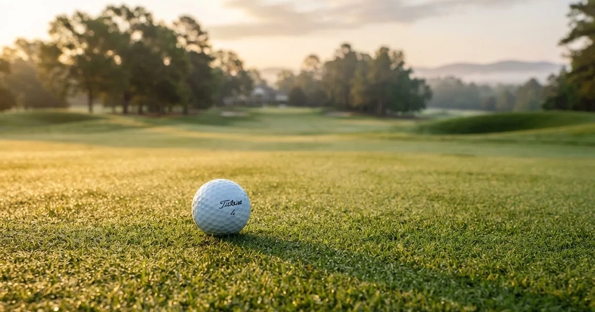 A ball on the centre spot of a grass pitch in morning light