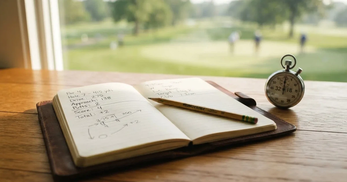 An open notebook with a pencil and a stopwatch on a wooden table