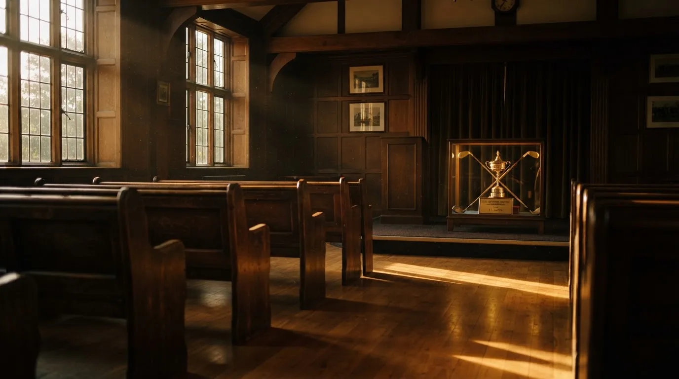An empty courtroom with wooden benches in morning light