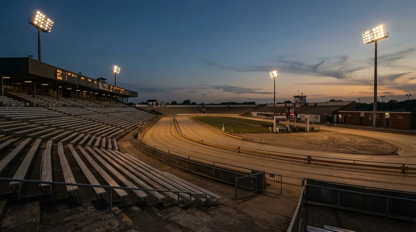 An empty football stadium with floodlight masts at dusk