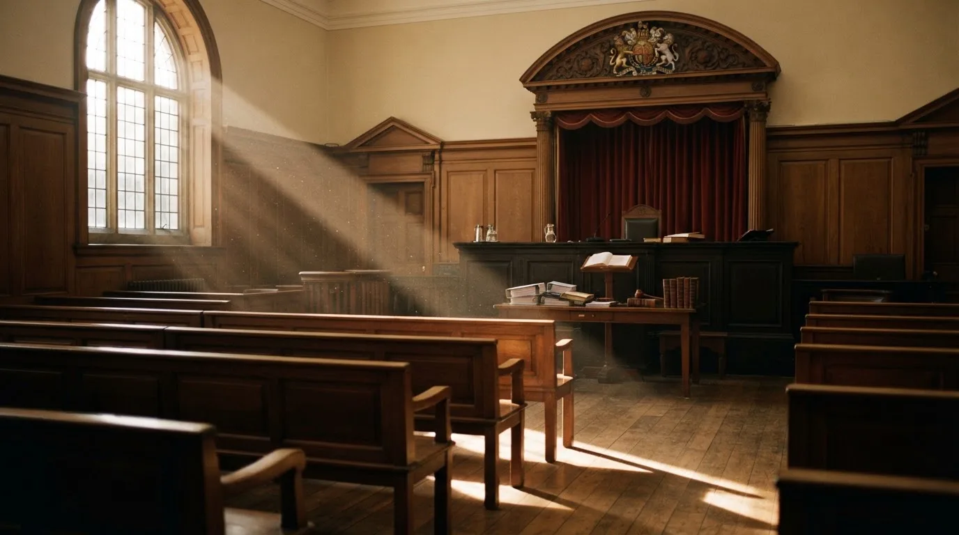 An empty courtroom with wooden benches in morning light