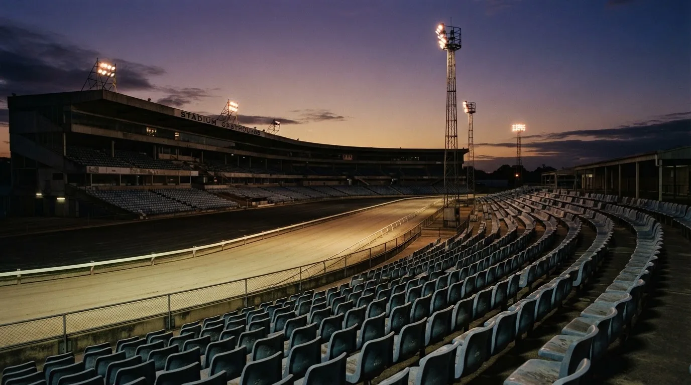 An empty football stadium with floodlight masts at dusk