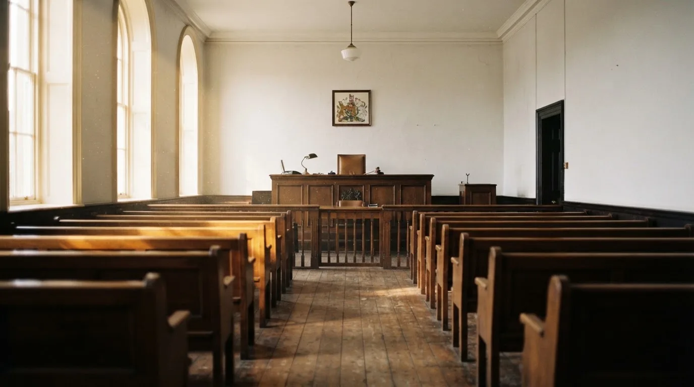 An empty courtroom with wooden benches in morning light