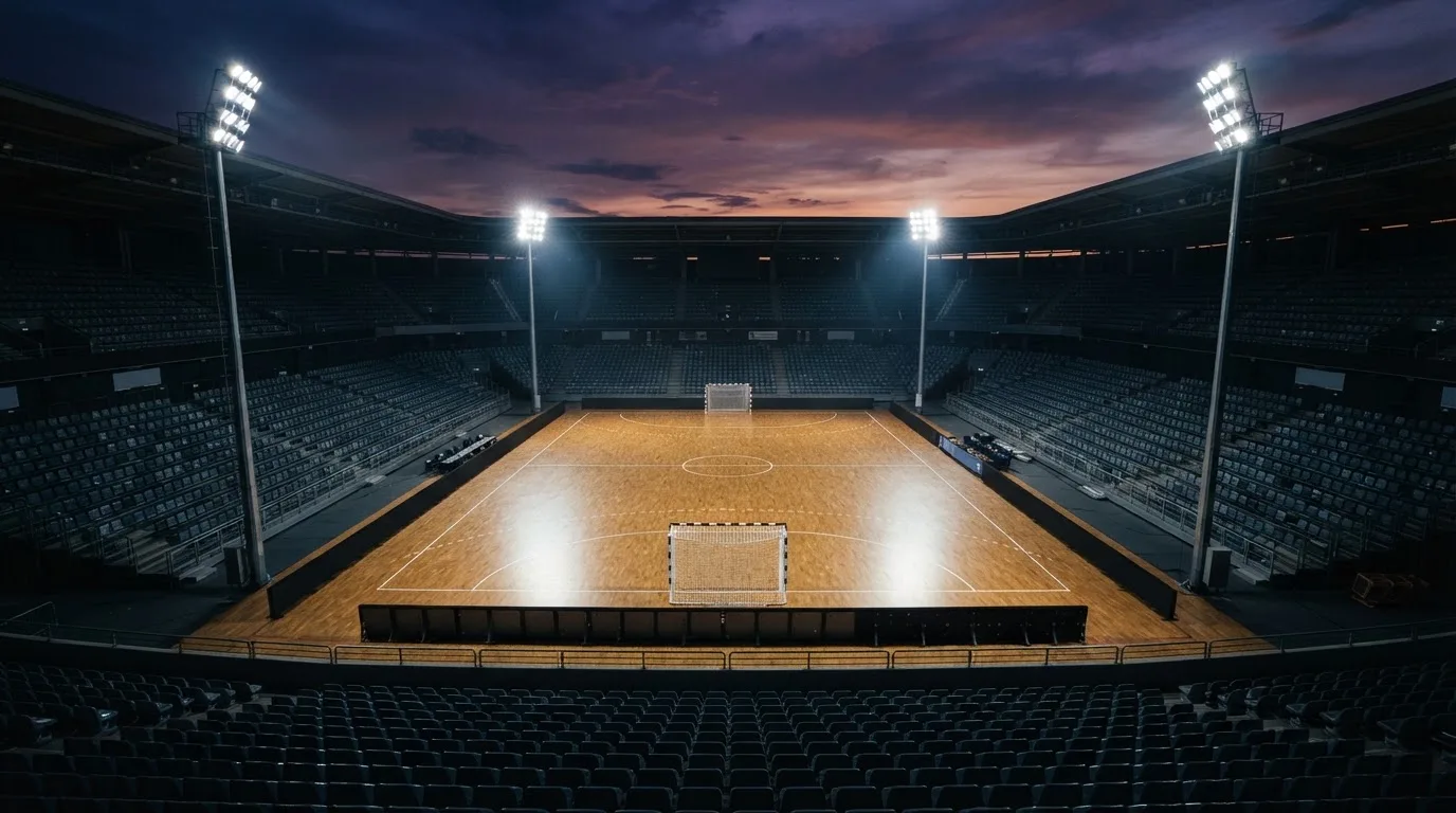 An empty football stadium with floodlight masts at dusk