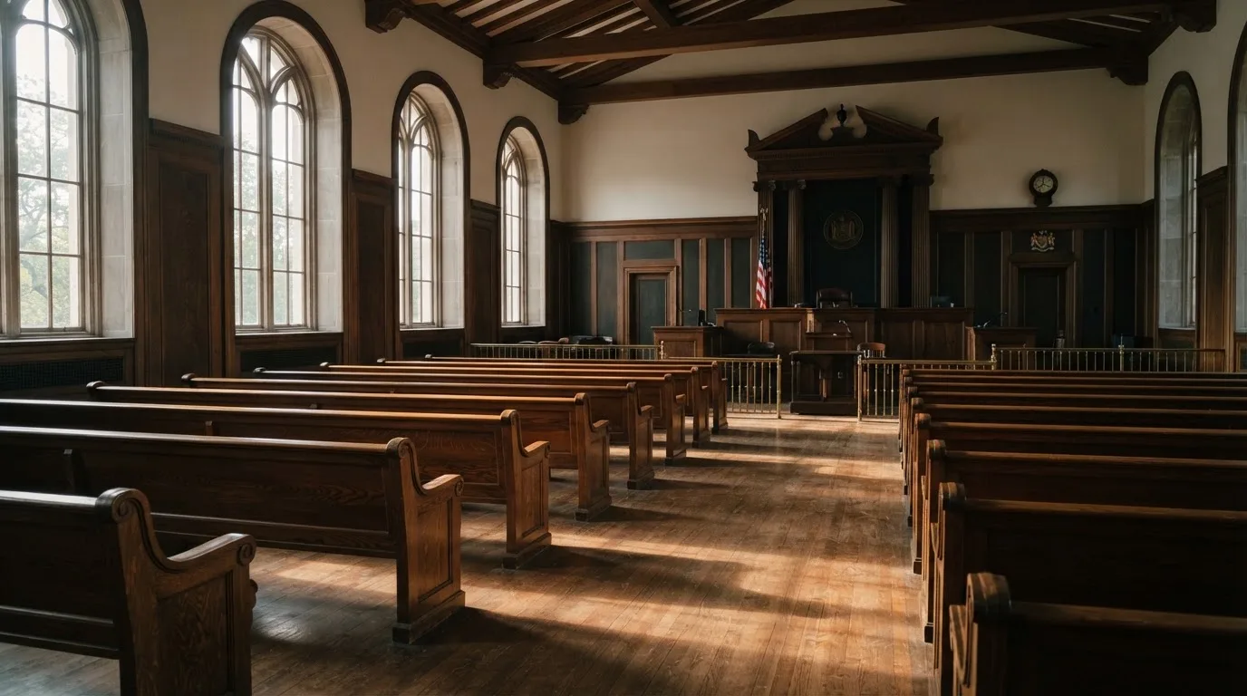 An empty courtroom with wooden benches in morning light