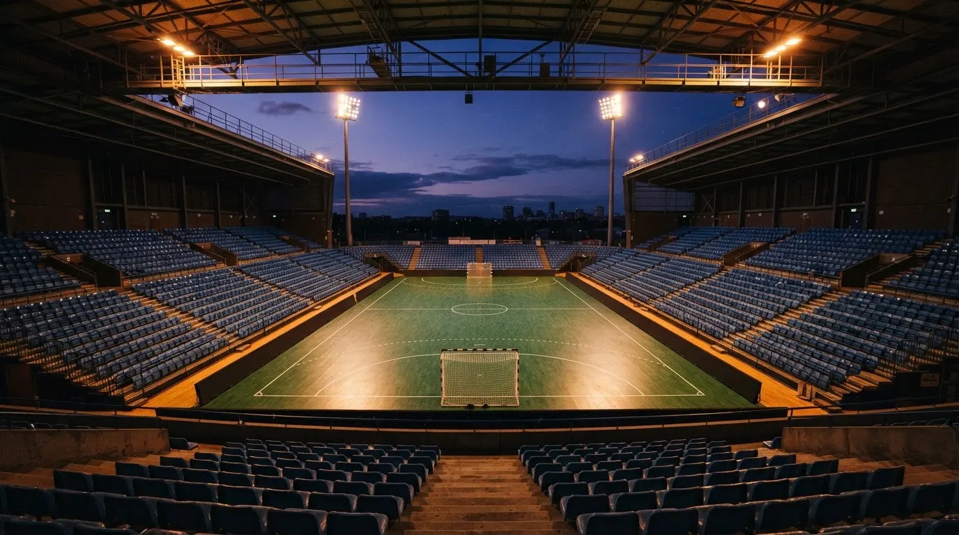 An empty football stadium with floodlight masts at dusk