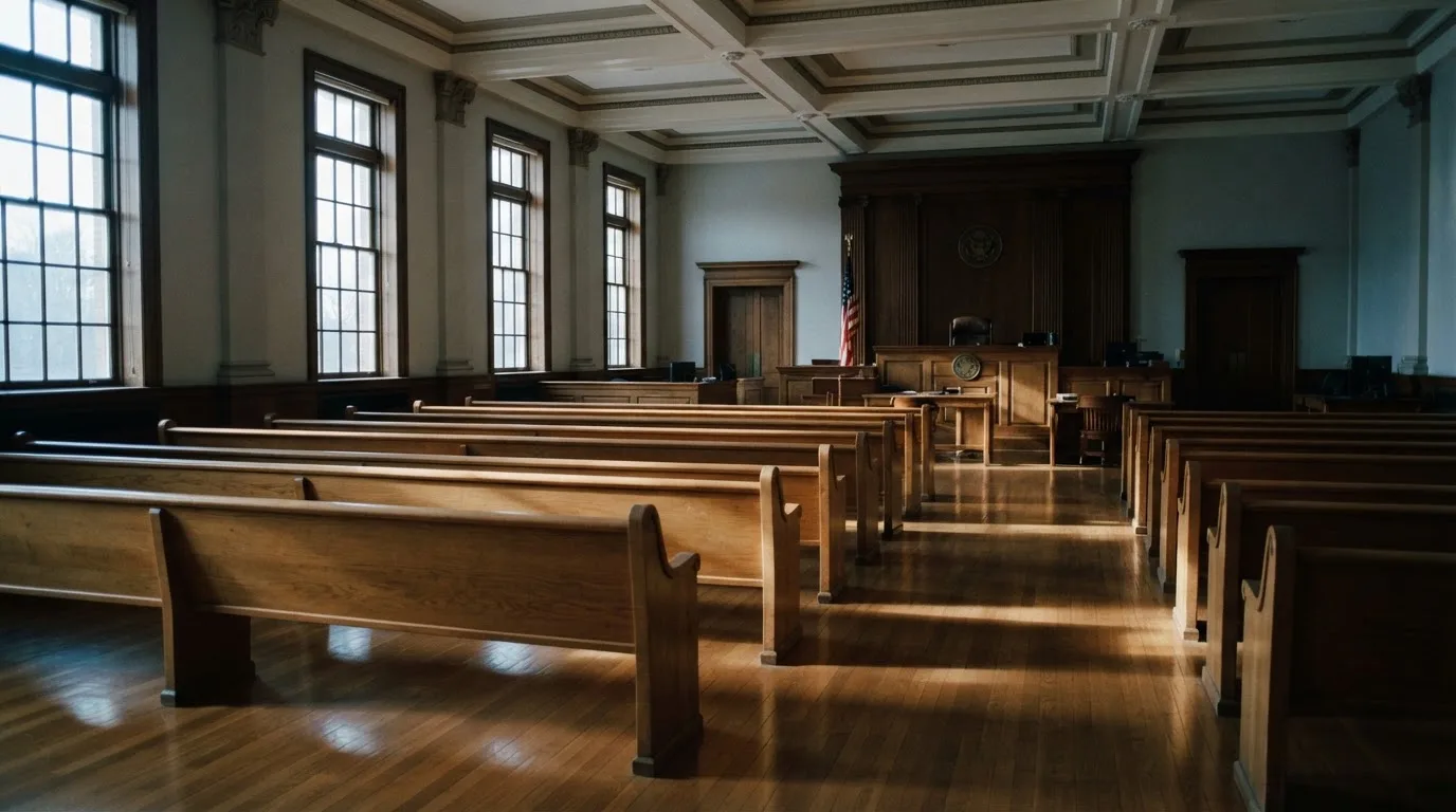 An empty courtroom with wooden benches in morning light