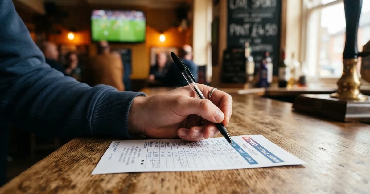 A blank paper betting slip beside a pen on a wooden counter