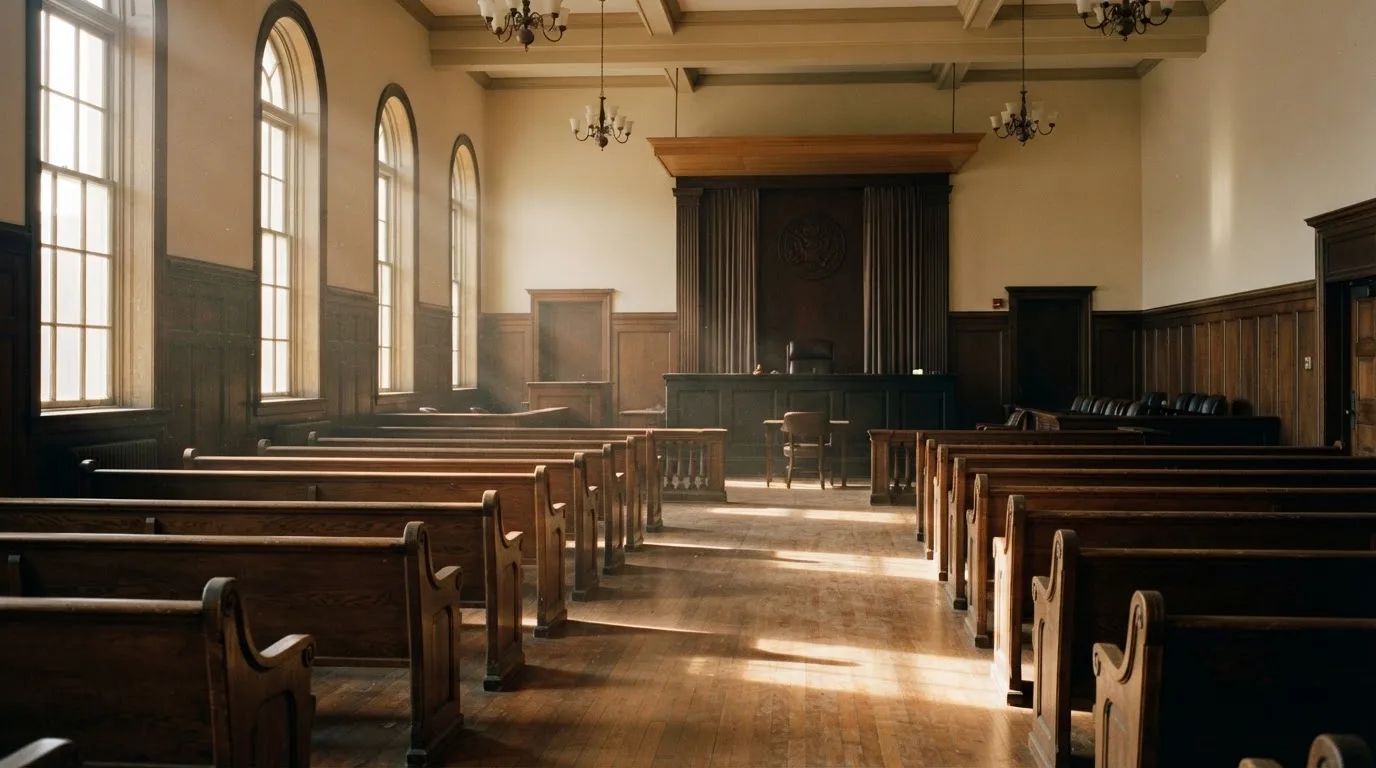 An empty courtroom with wooden benches in morning light