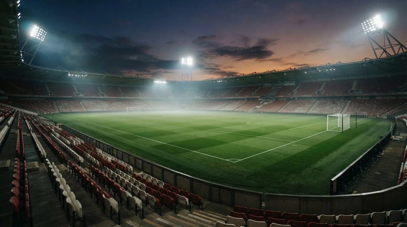 An empty football stadium with floodlight masts at dusk