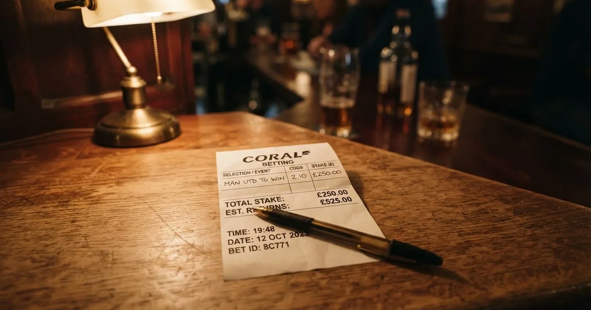 A blank paper betting slip beside a pen on a wooden counter