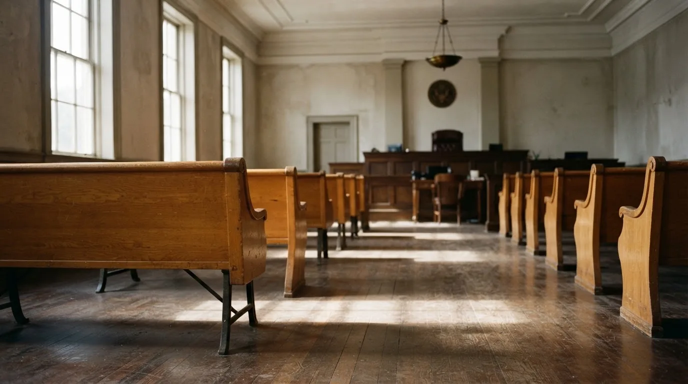 An empty courtroom with wooden benches in morning light
