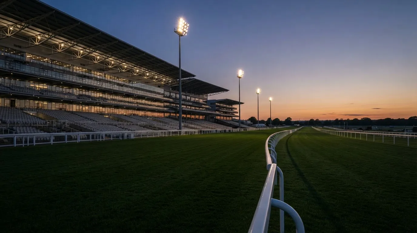 An empty football stadium with floodlight masts at dusk