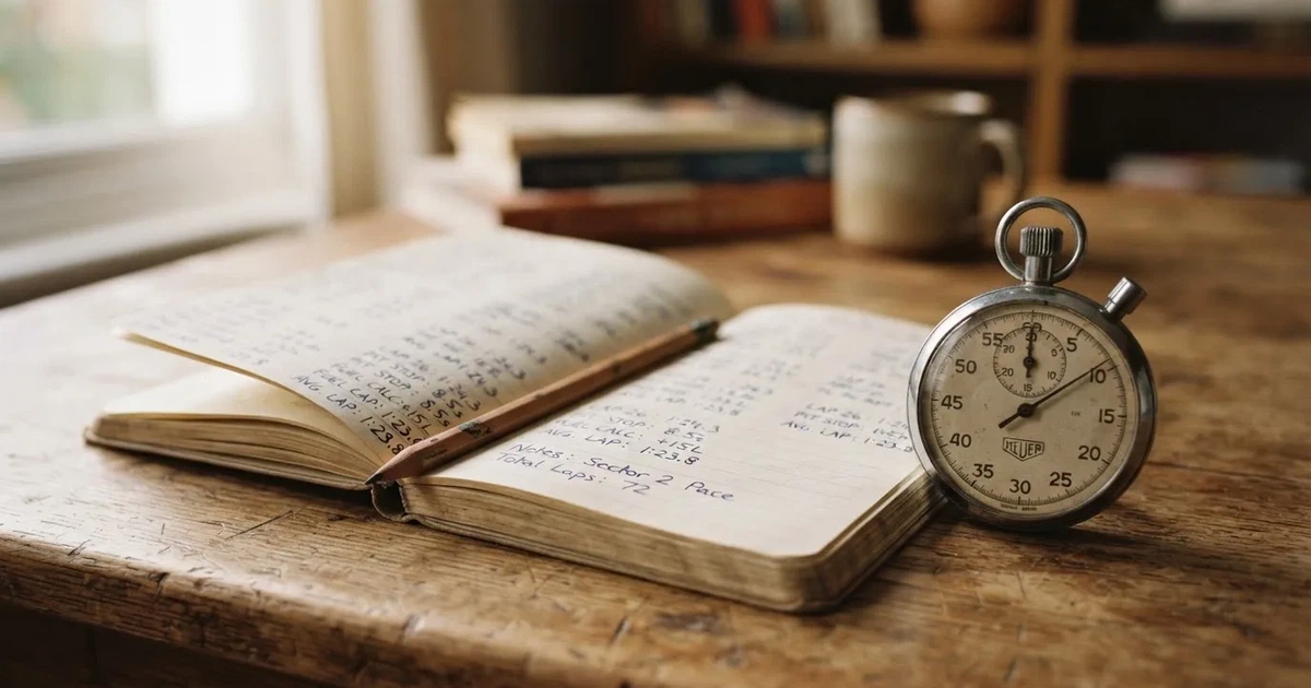 An open notebook with a pencil and a stopwatch on a wooden table