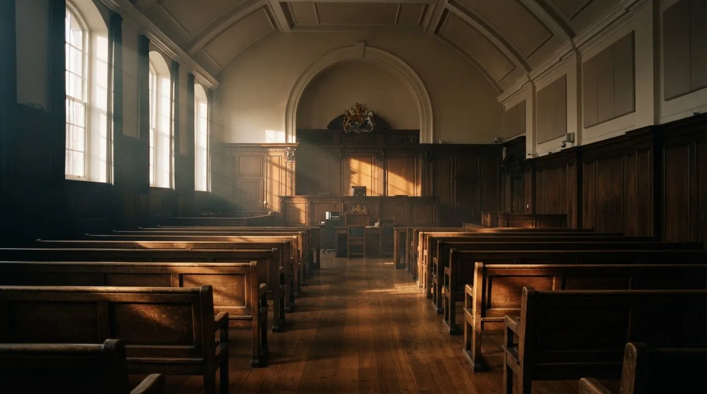 An empty courtroom with wooden benches in morning light