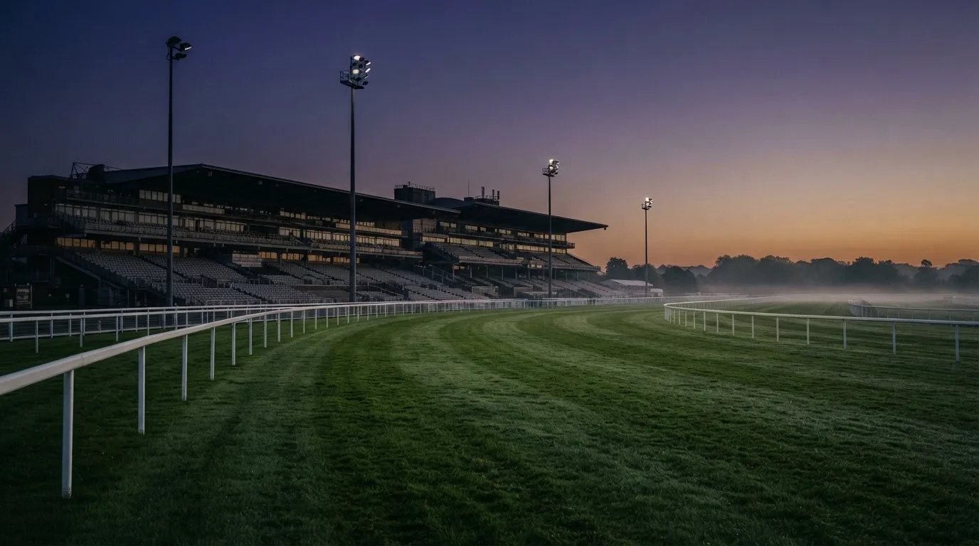 An empty football stadium with floodlight masts at dusk