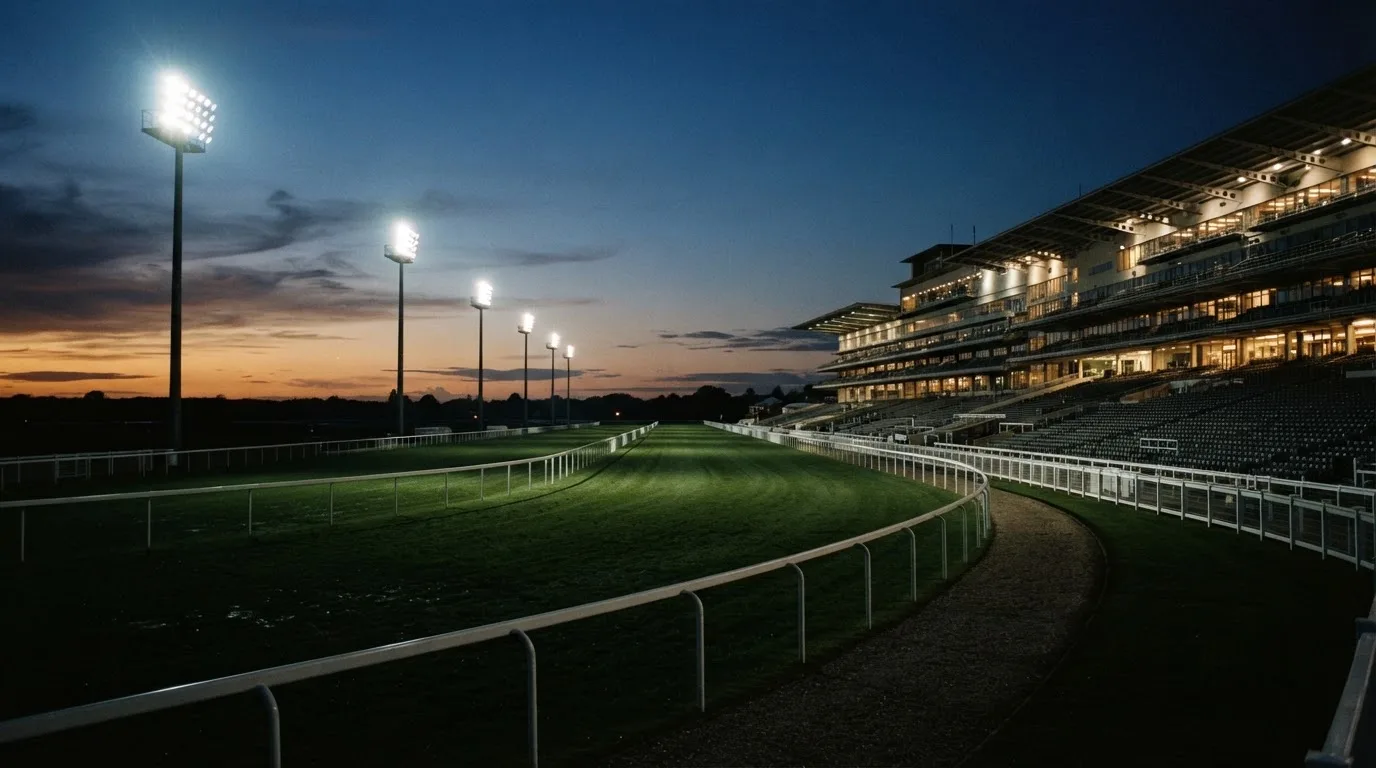 An empty football stadium with floodlight masts at dusk