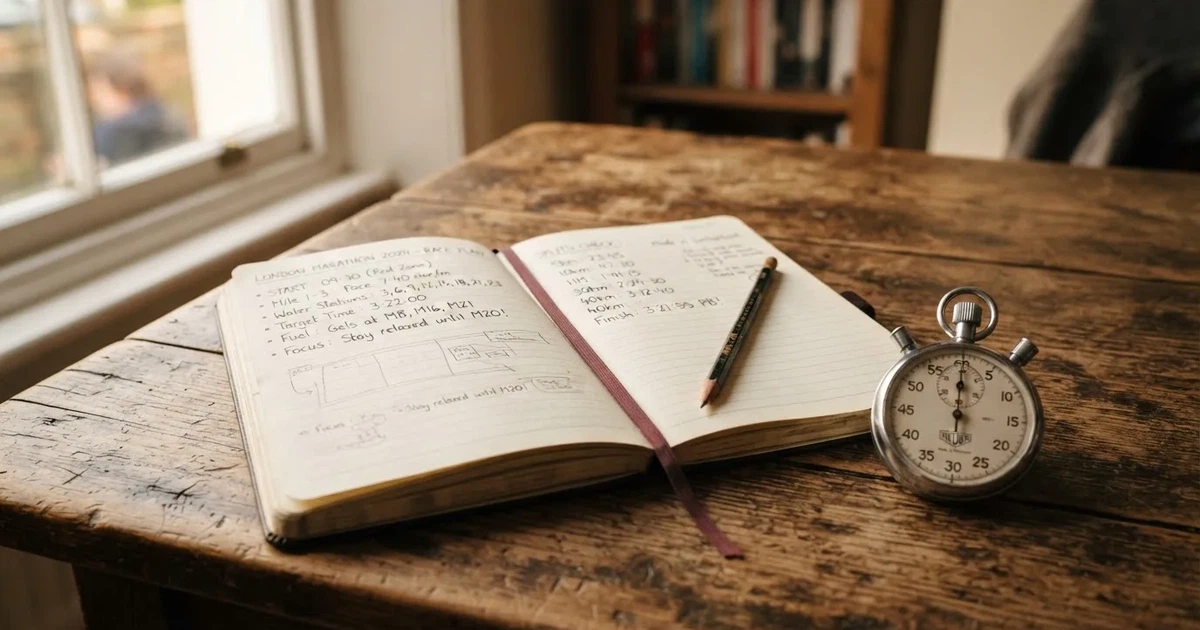 An open notebook with a pencil and a stopwatch on a wooden table