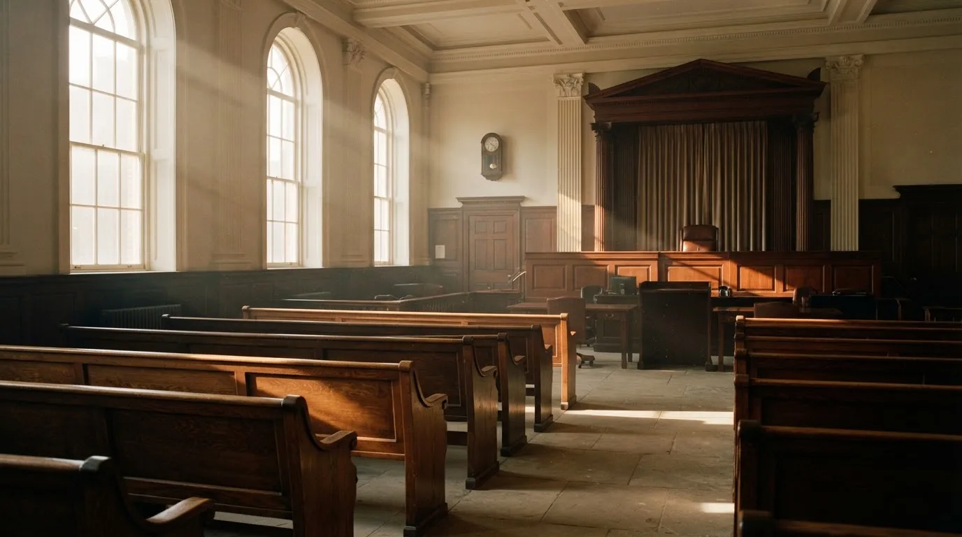 An empty courtroom with wooden benches in morning light