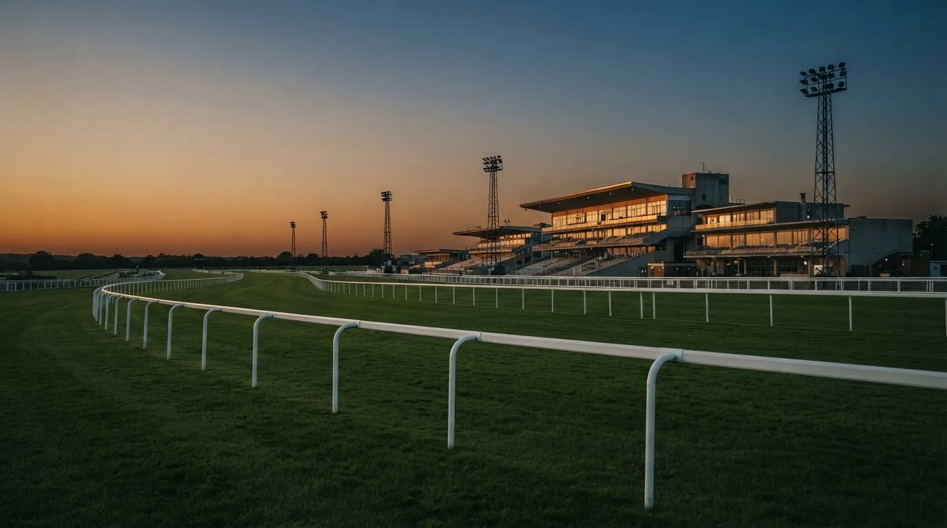 An empty football stadium with floodlight masts at dusk