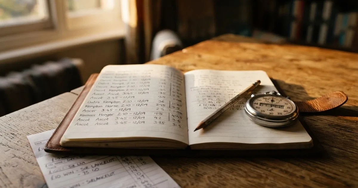 An open notebook with a pencil and a stopwatch on a wooden table
