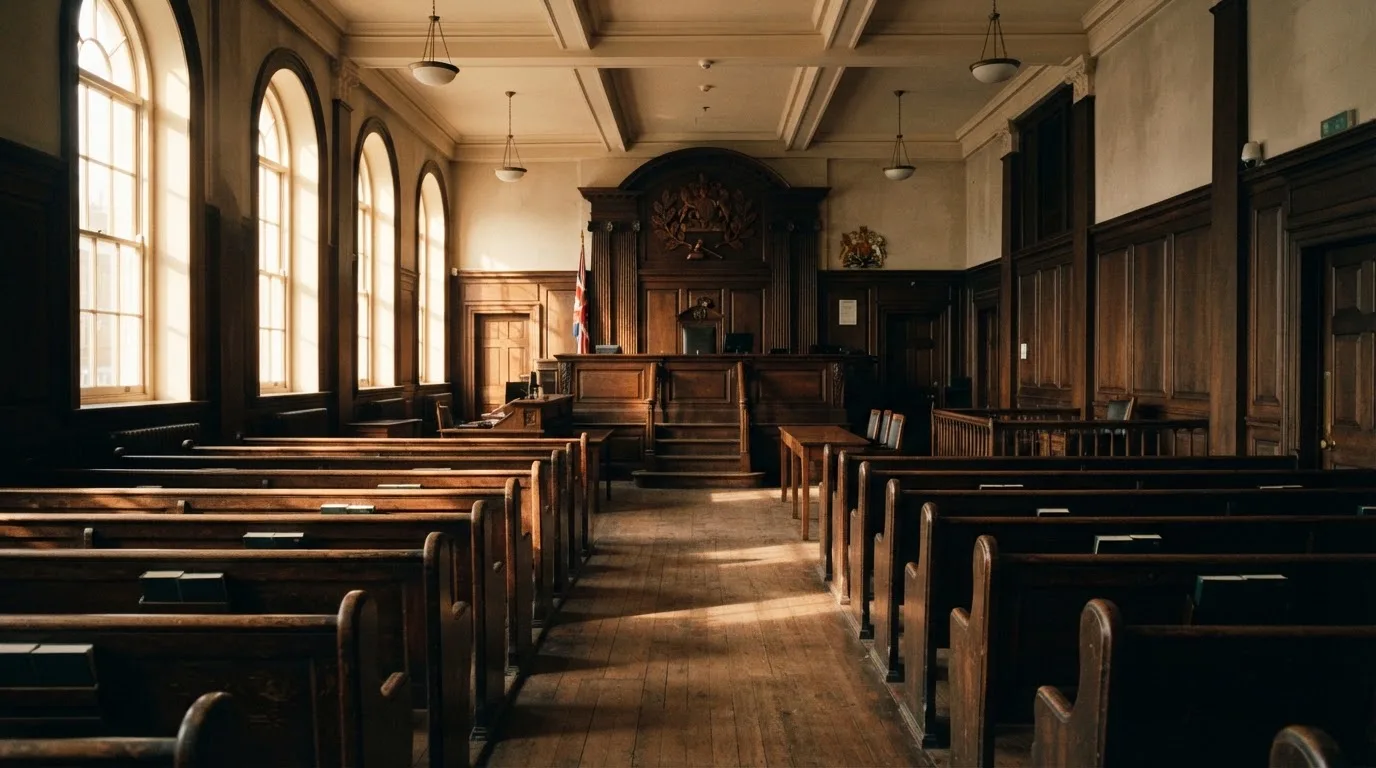 An empty courtroom with wooden benches in morning light