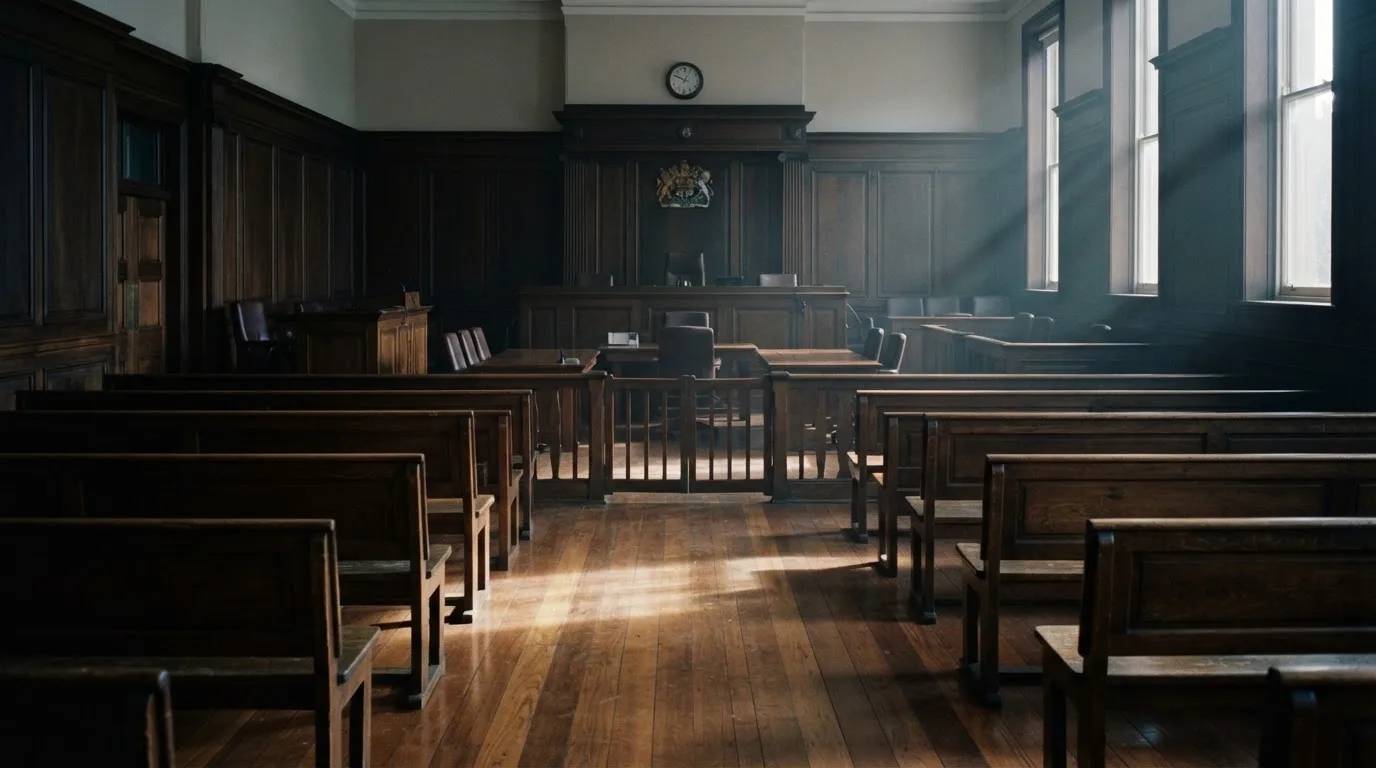 An empty courtroom with wooden benches in morning light