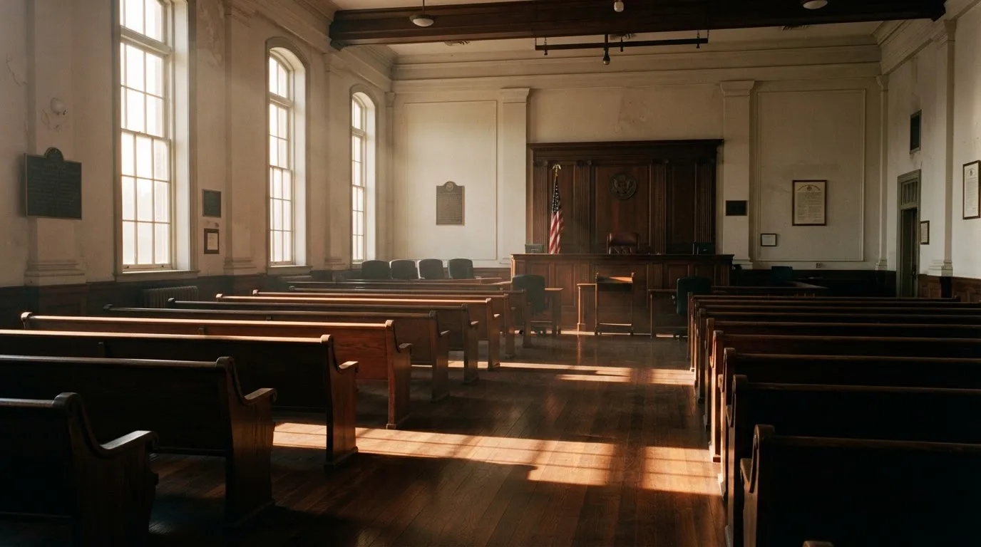 An empty courtroom with wooden benches in morning light