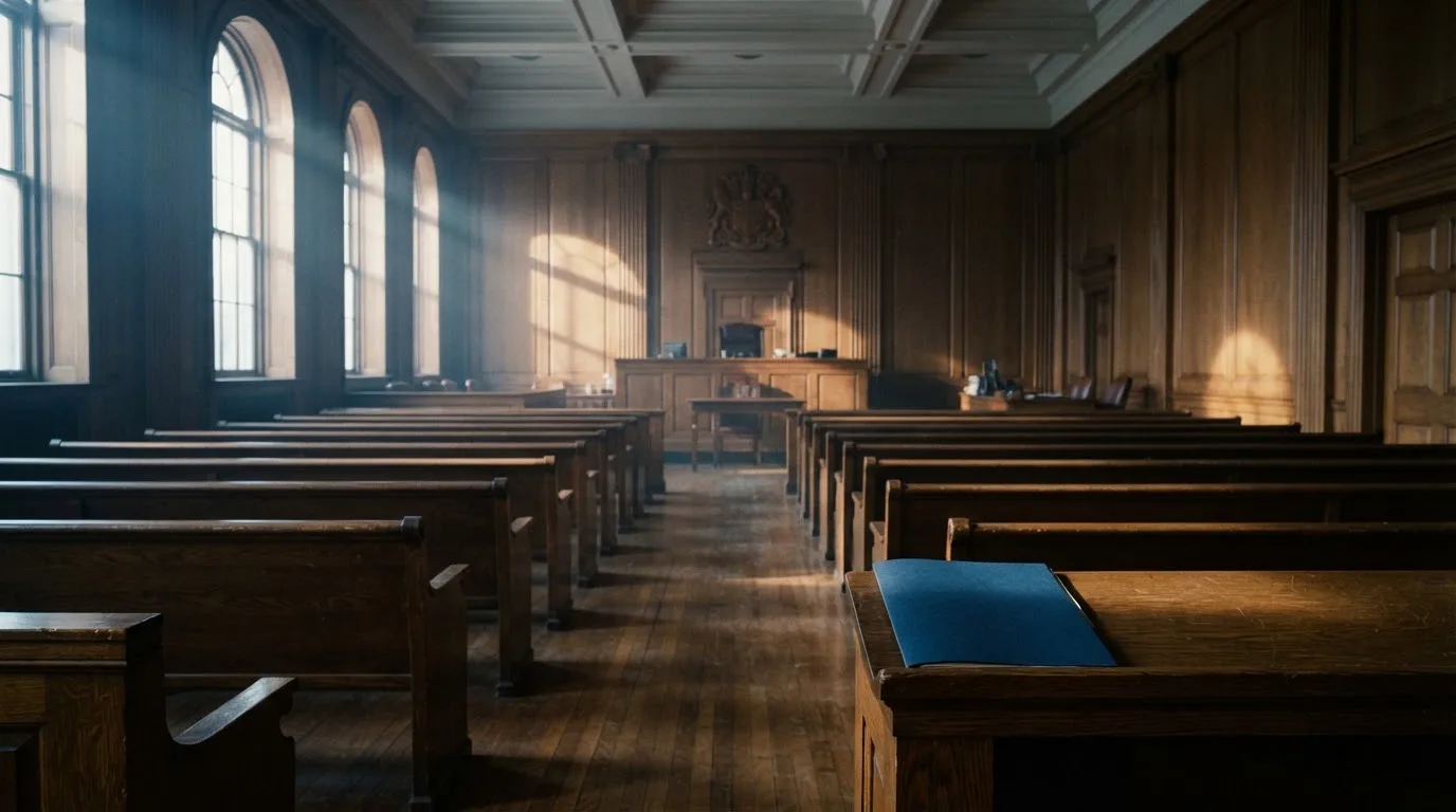 An empty courtroom with wooden benches in morning light