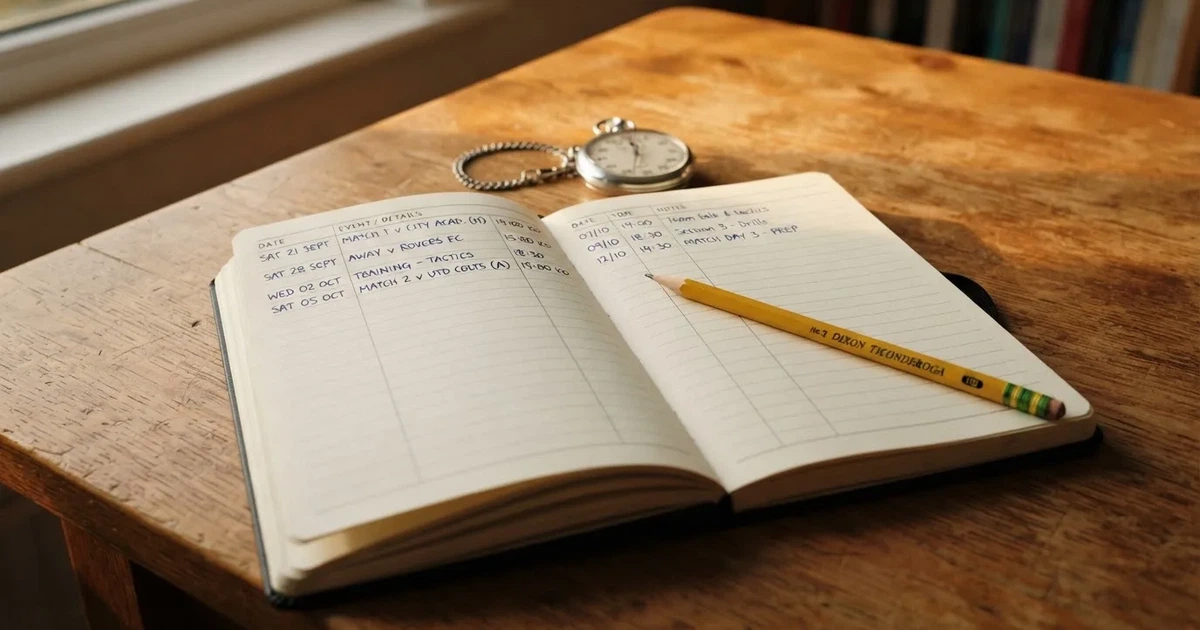 An open notebook with a pencil and a stopwatch on a wooden table