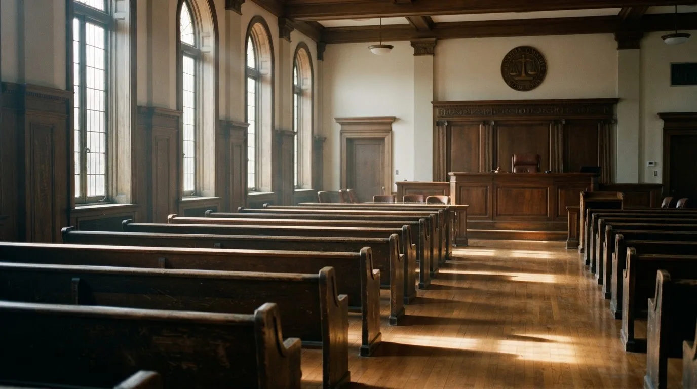 An empty courtroom with wooden benches in morning light