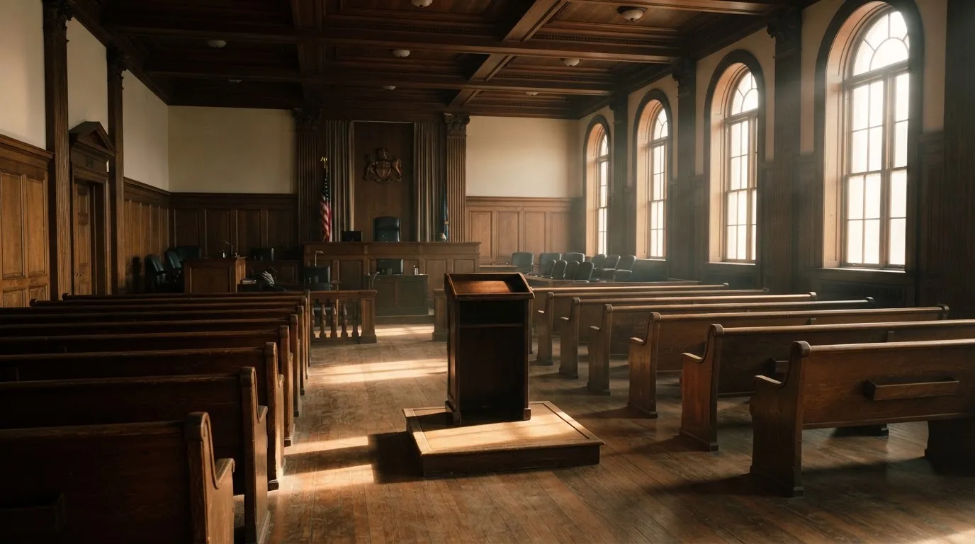 An empty courtroom with wooden benches in morning light
