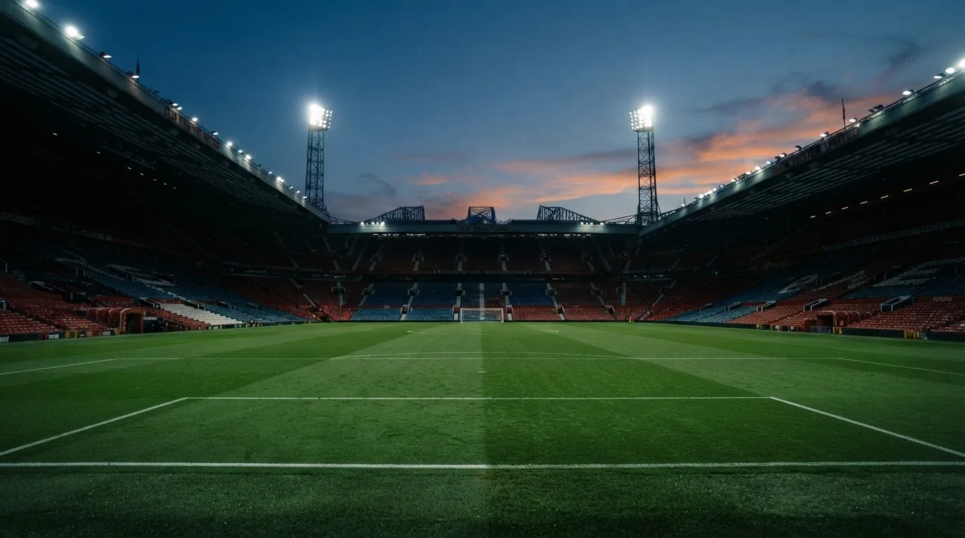 An empty football stadium with floodlight masts at dusk