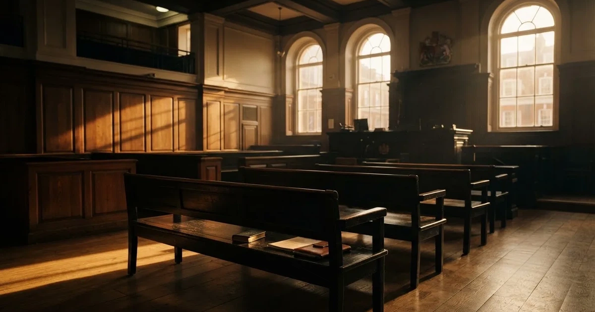 An empty courtroom with wooden benches in morning light