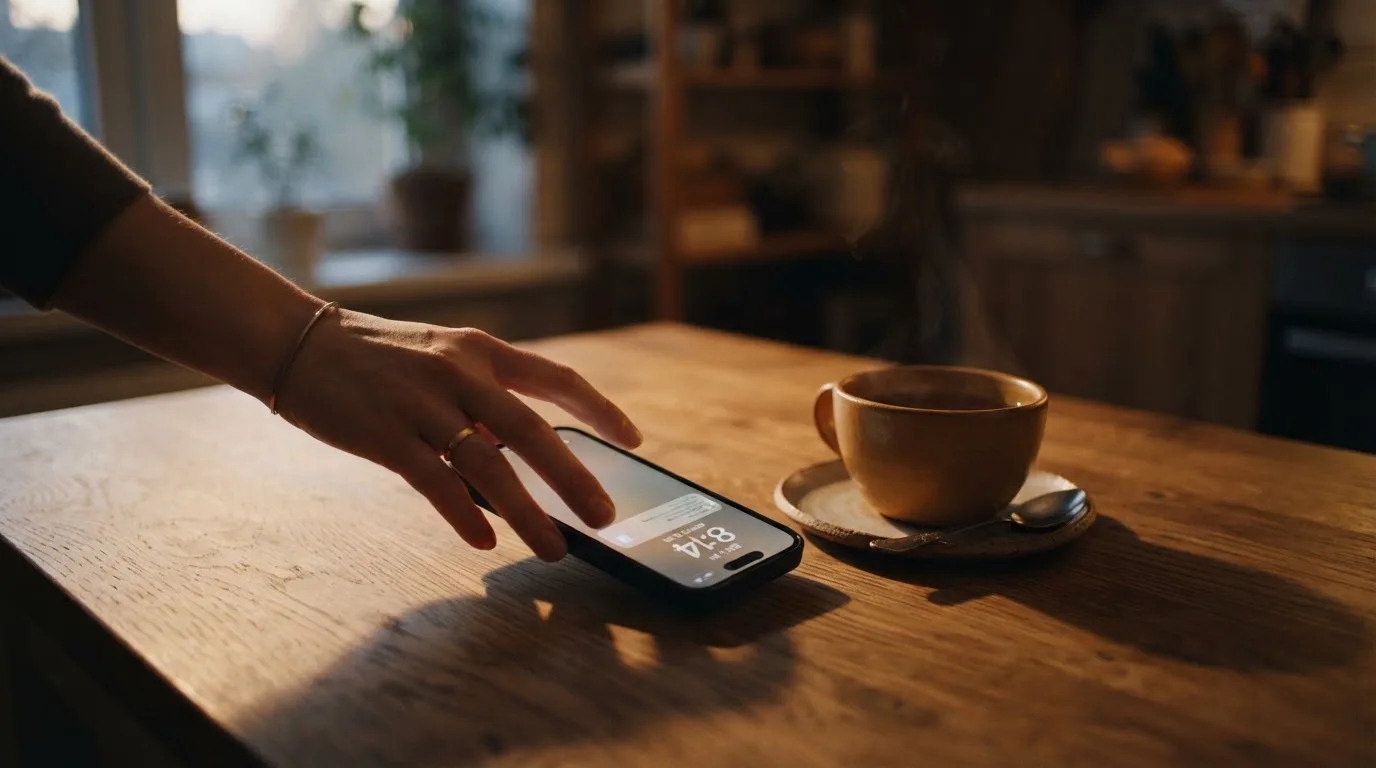 A hand setting a smartphone down beside a cup of tea on a kitchen table on a quiet evening