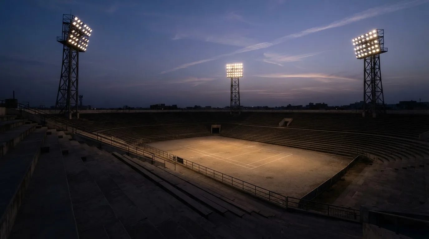 An empty football stadium with floodlight masts at dusk