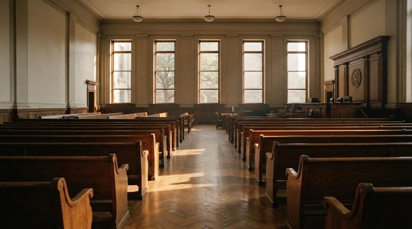 An empty courtroom with wooden benches in morning light