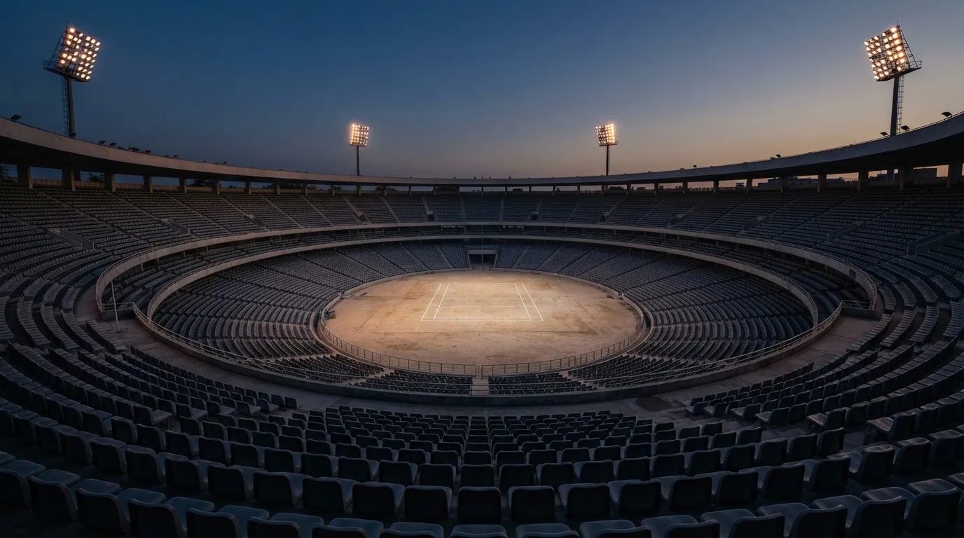 An empty football stadium with floodlight masts at dusk