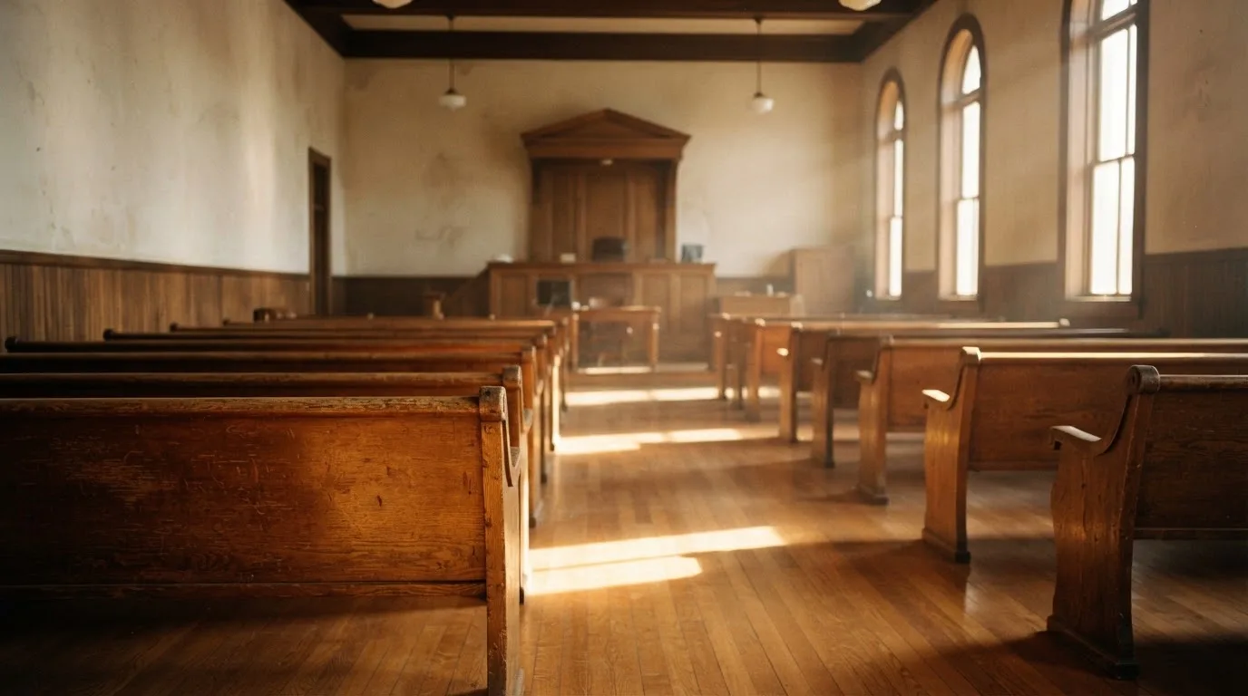An empty courtroom with wooden benches in morning light