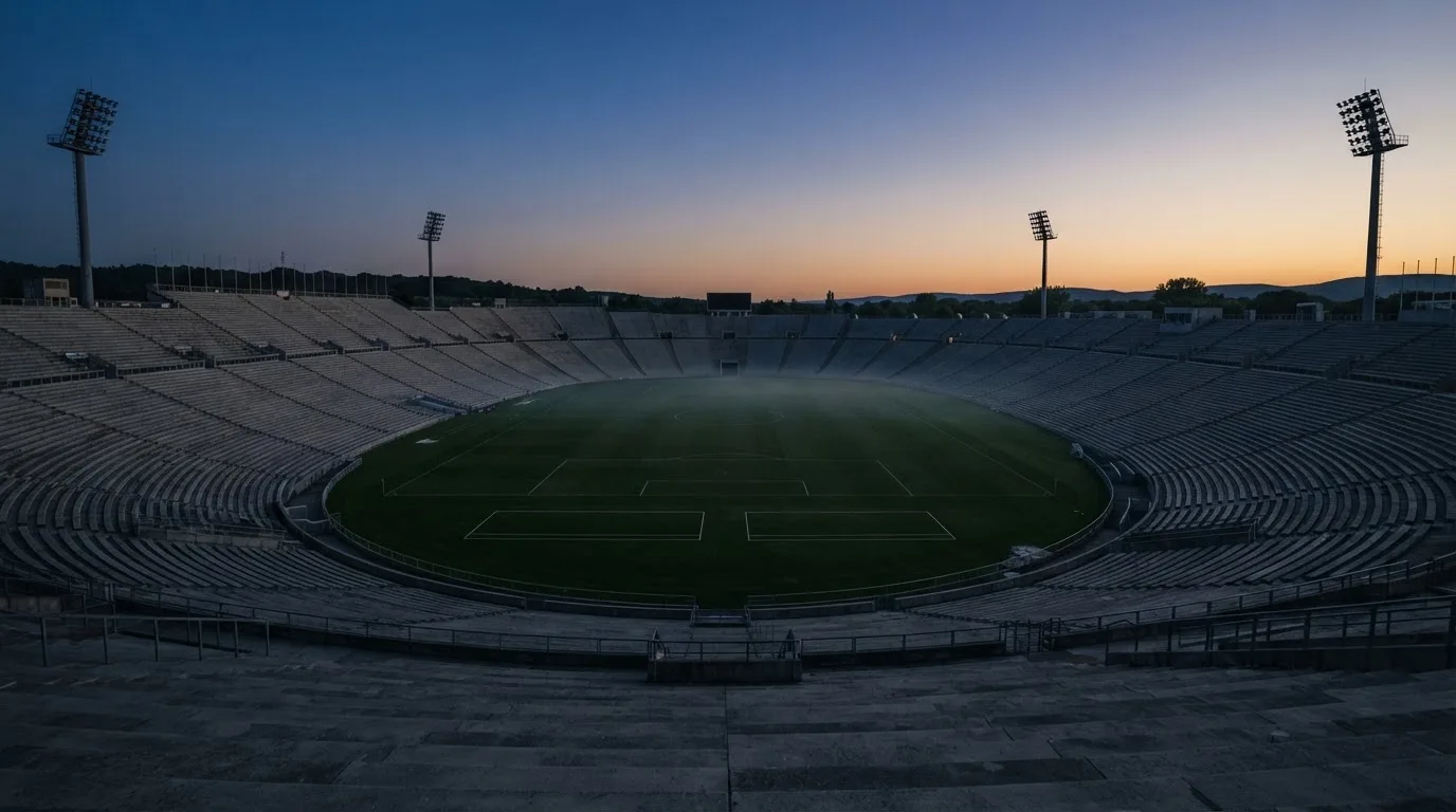 An empty football stadium with floodlight masts at dusk