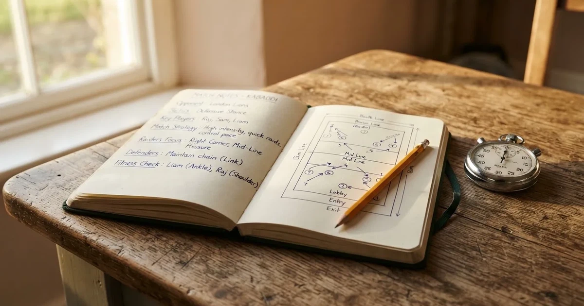 An open notebook with a pencil and a stopwatch on a wooden table