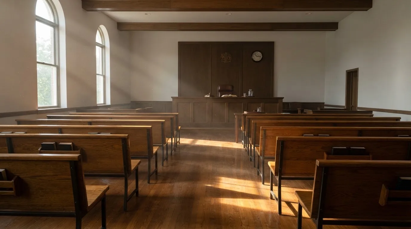 An empty courtroom with wooden benches in morning light