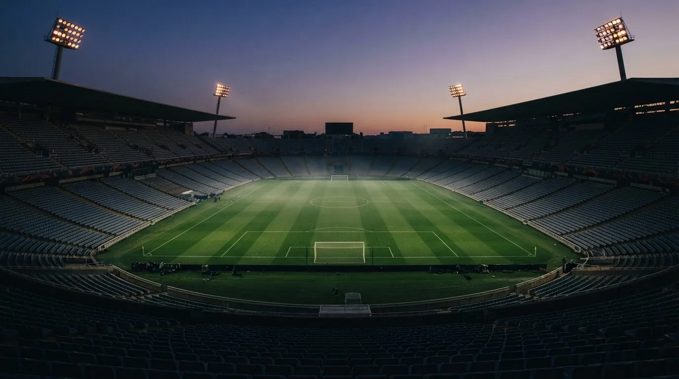 An empty football stadium with floodlight masts at dusk