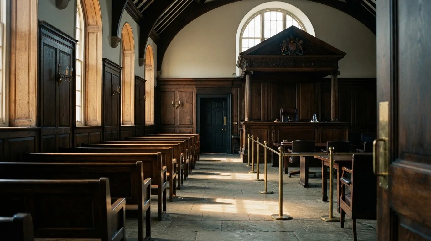 An empty courtroom with wooden benches in morning light