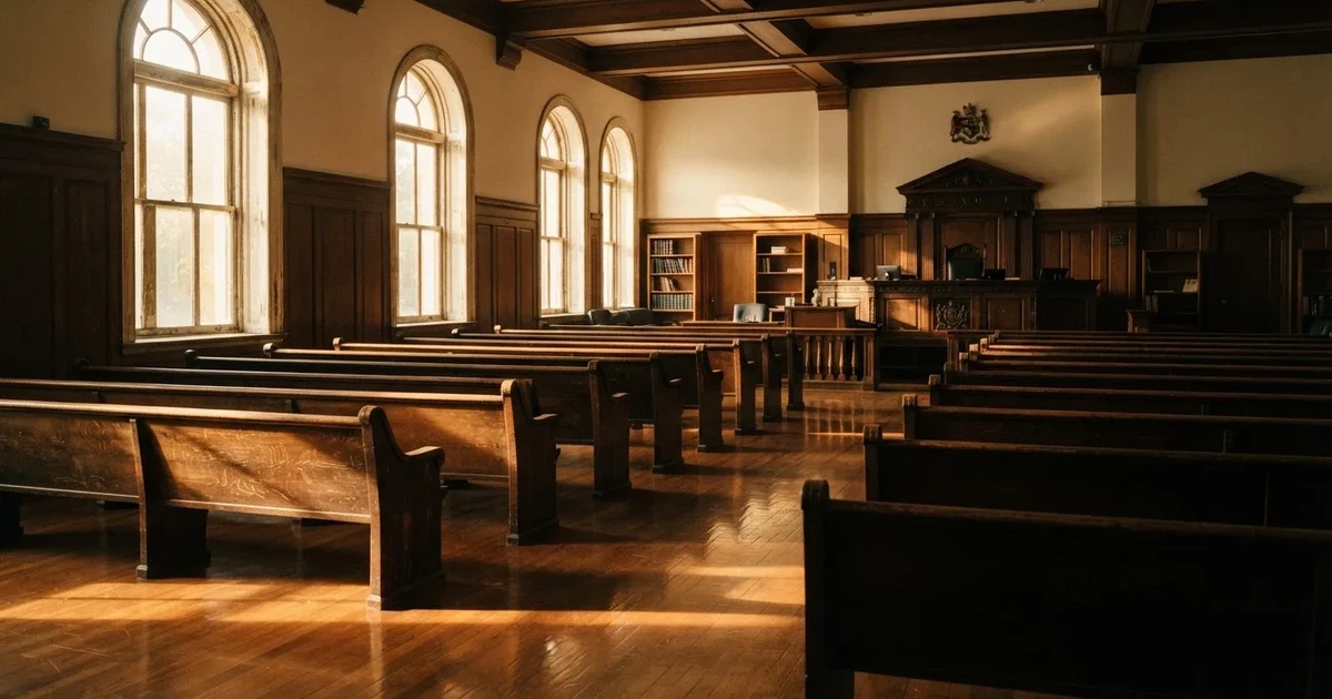 An empty courtroom with wooden benches in morning light